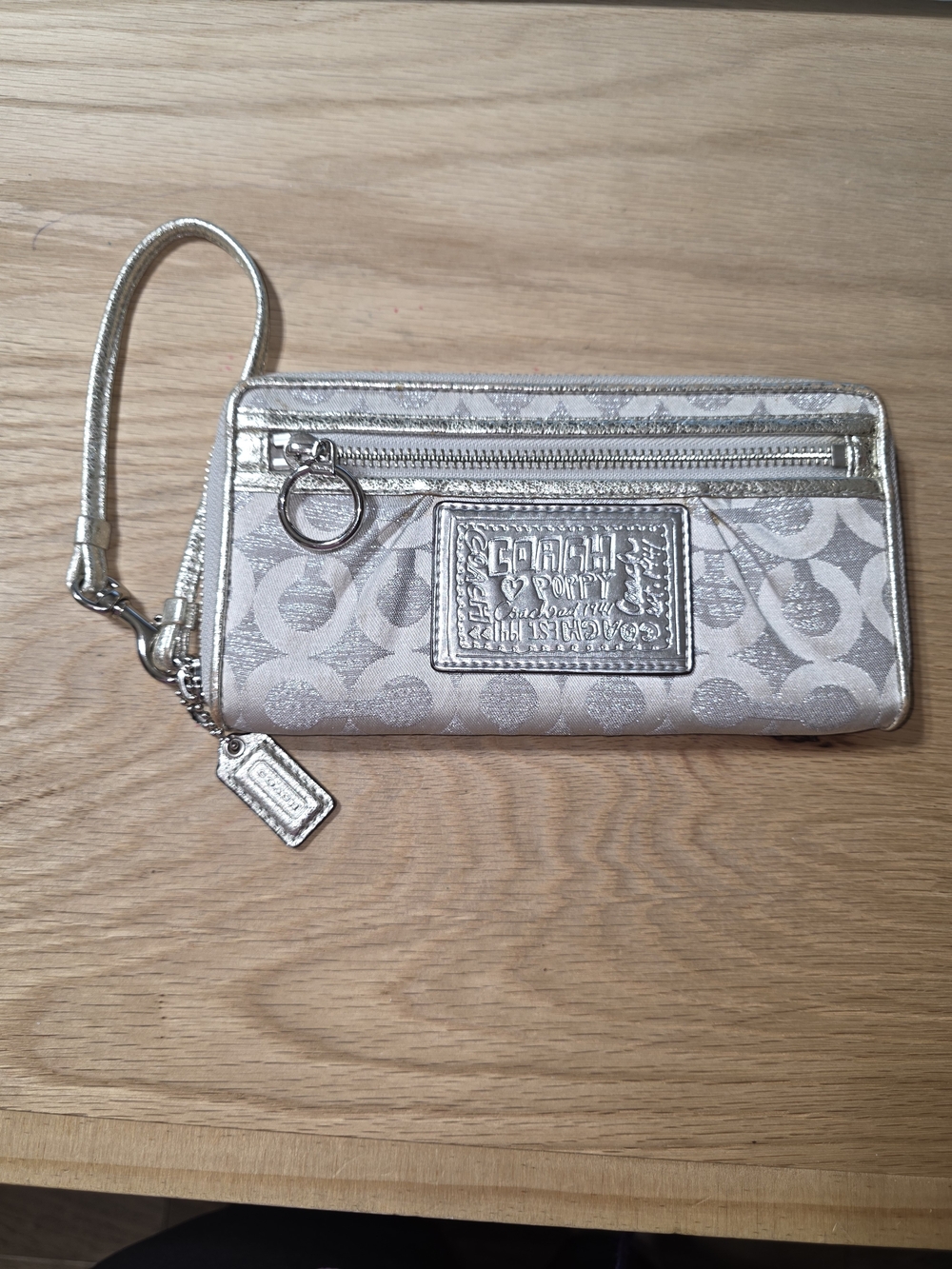 Coach Poppy Metallic Silver Signature Wristlet